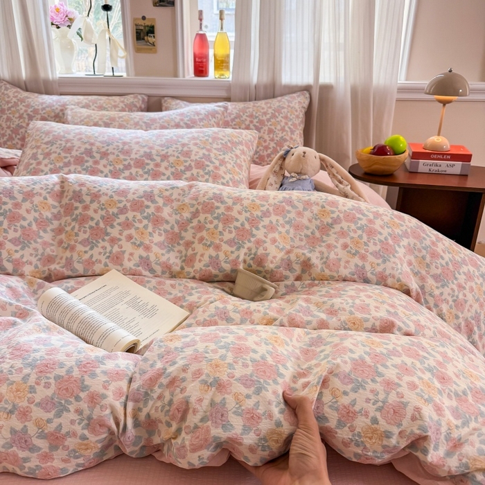 91家纺网 家纺一手货源 找家纺 鑫佳居 2026新款水洗针织提花双层纱四件套 春日花香