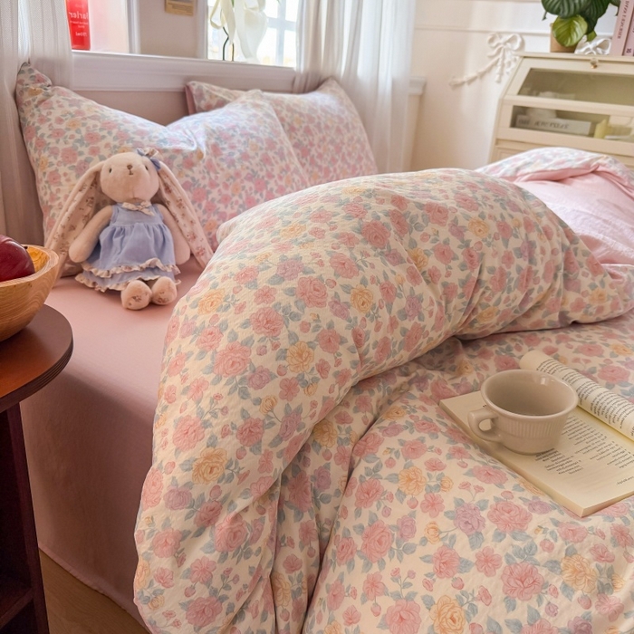 91家纺网 家纺一手货源 找家纺 鑫佳居 2026新款水洗针织提花双层纱四件套 春日花香