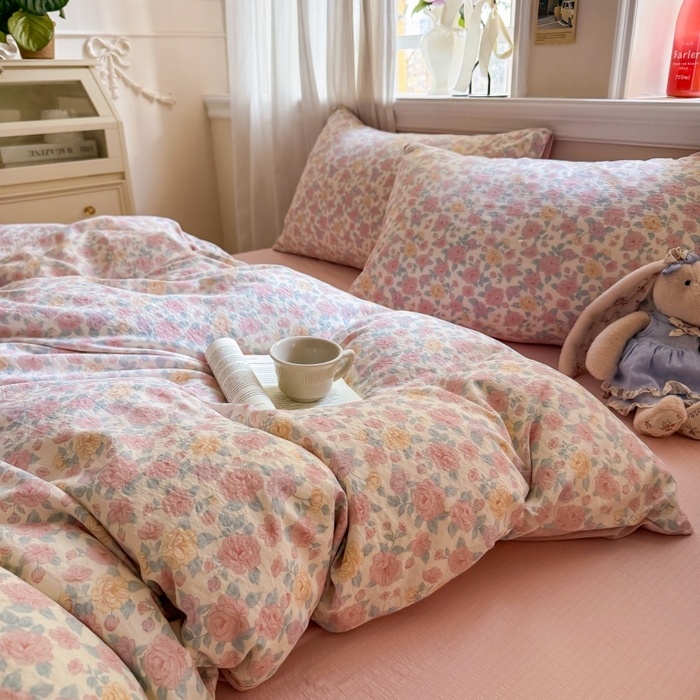 91家纺网 家纺一手货源 找家纺 鑫佳居 2026新款水洗针织提花双层纱四件套 春日花香