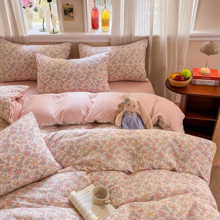 91家纺网 家纺一手货源 找家纺 鑫佳居 2026新款水洗针织提花双层纱四件套 春日花香