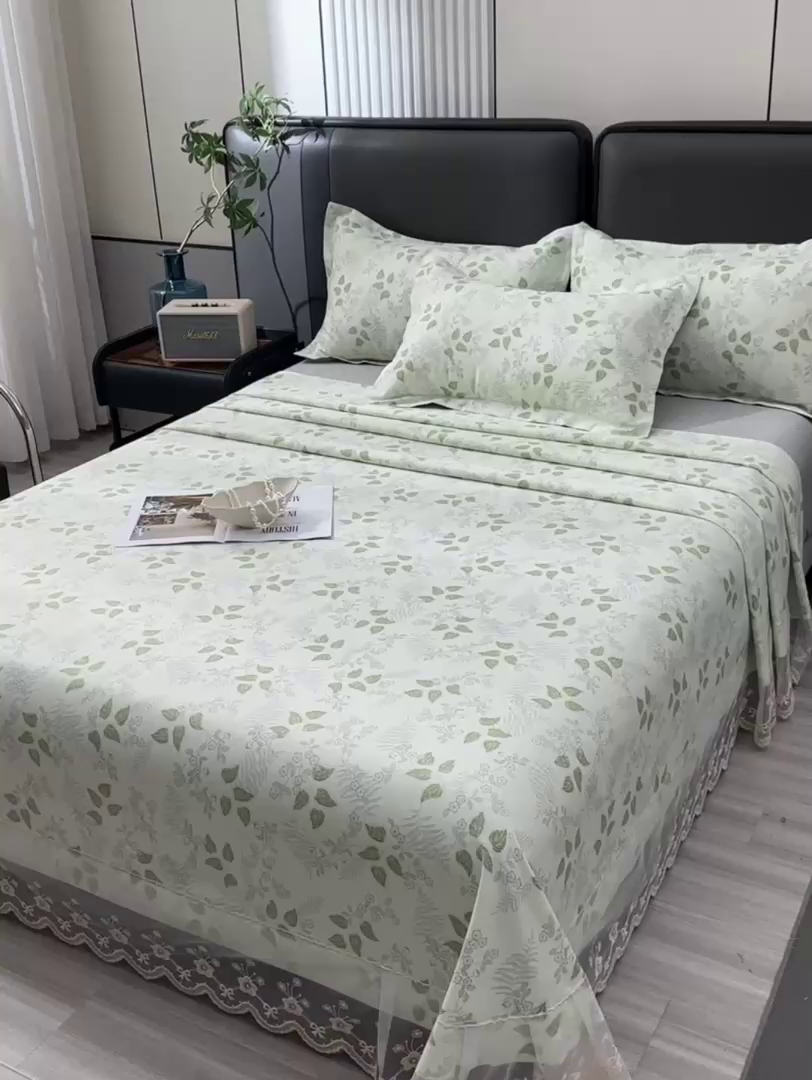 91家纺网 家纺一手货源 找家纺 星窝家纺 2026新款花边老粗布凉席三件套 花叶扶苏-绿