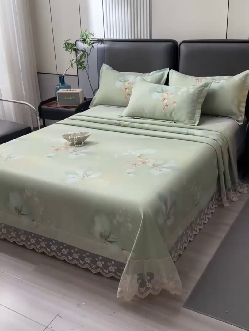 91家纺网 家纺一手货源 找家纺 星窝家纺 2026新款花边老粗布凉席三件套 半夏花语