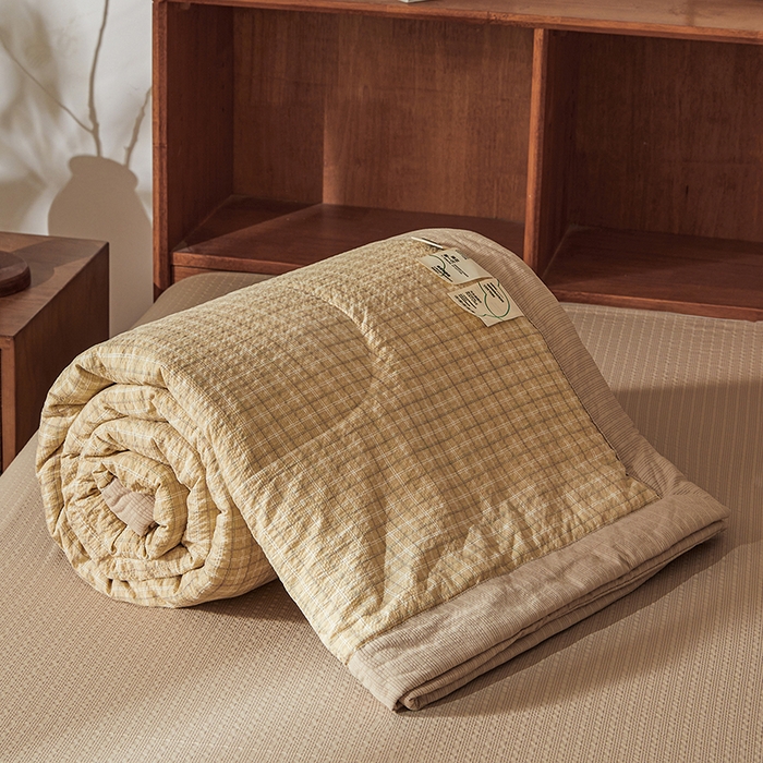 熙宴家纺 2026新款云感泡芙棉花夏被四件套 咖方格