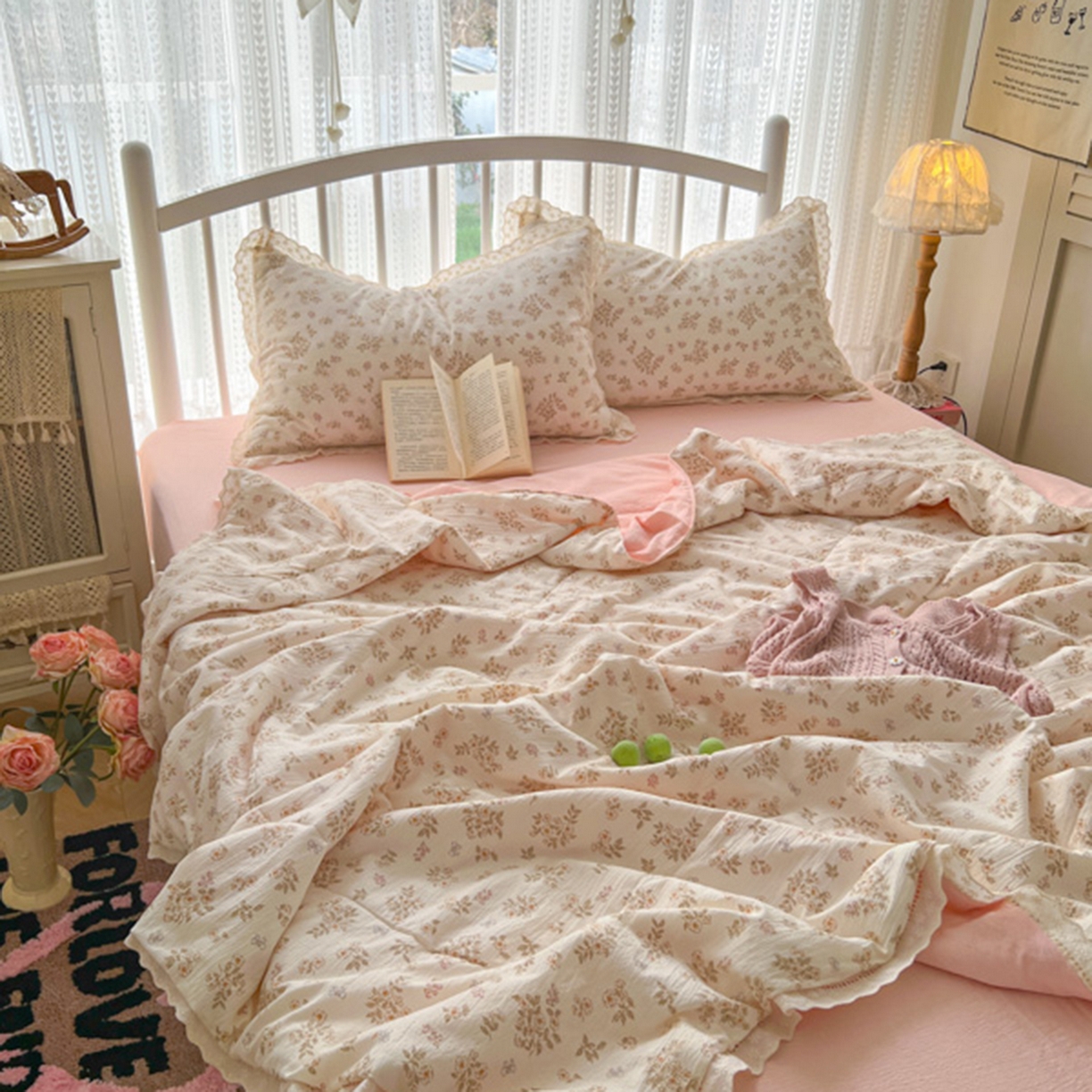 91家纺网 家纺一手货源 找家纺 港岛妹妹 2026新款镂空花边夏被 夏被四件套 花间语