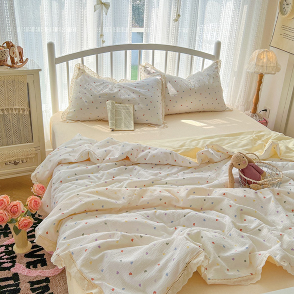 91家纺网 家纺一手货源 找家纺 港岛妹妹 2026新款镂空花边夏被 夏被四件套 奶油小爱心