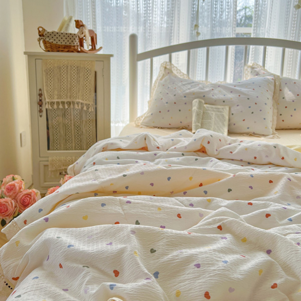 91家纺网 家纺一手货源 找家纺 港岛妹妹 2026新款镂空花边夏被 夏被四件套 奶油小爱心