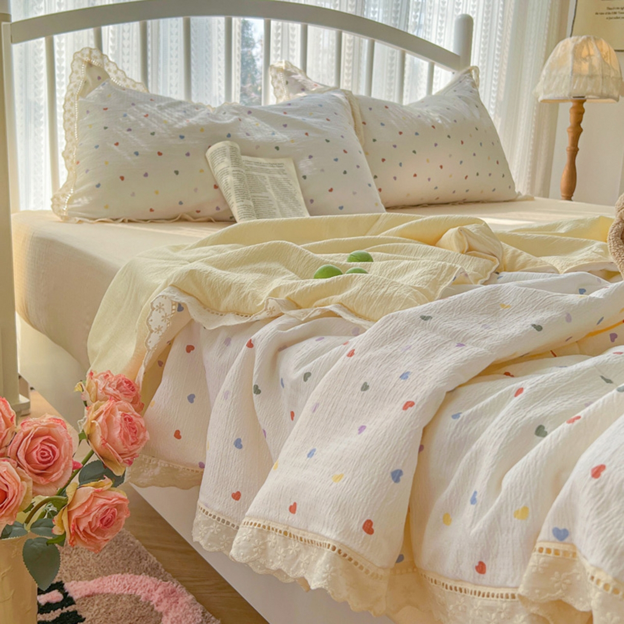 91家纺网 家纺一手货源 找家纺 港岛妹妹 2026新款镂空花边夏被 夏被四件套 奶油小爱心