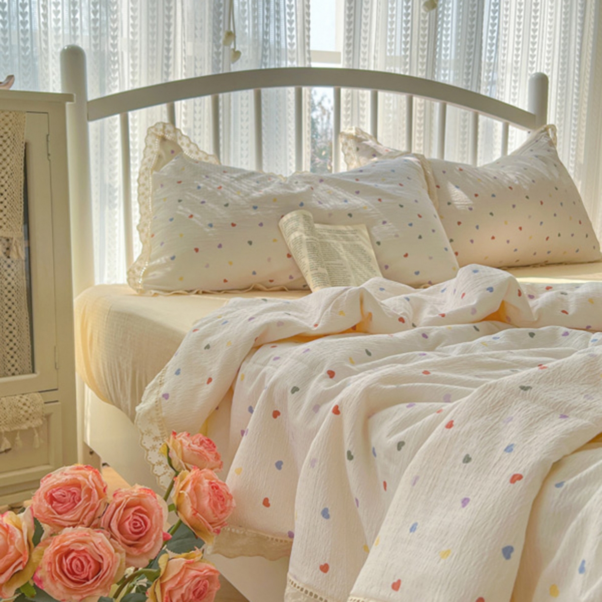 91家纺网 家纺一手货源 找家纺 港岛妹妹 2026新款镂空花边夏被 夏被四件套 奶油小爱心