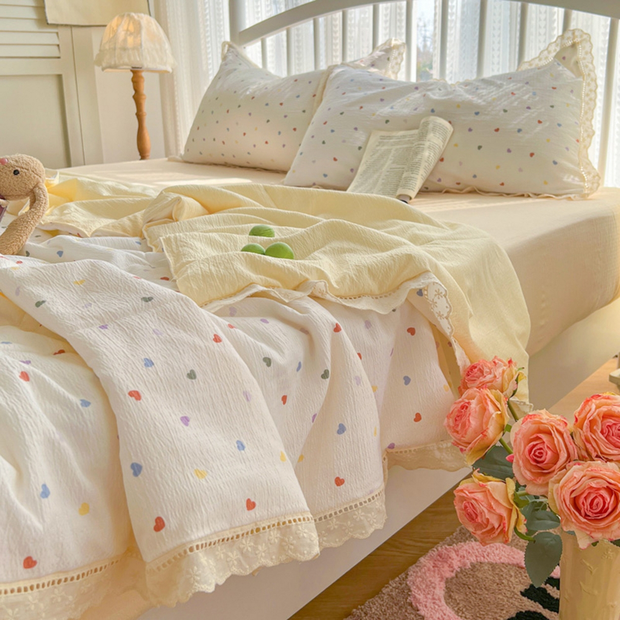 91家纺网 家纺一手货源 找家纺 港岛妹妹 2026新款镂空花边夏被 夏被四件套 奶油小爱心