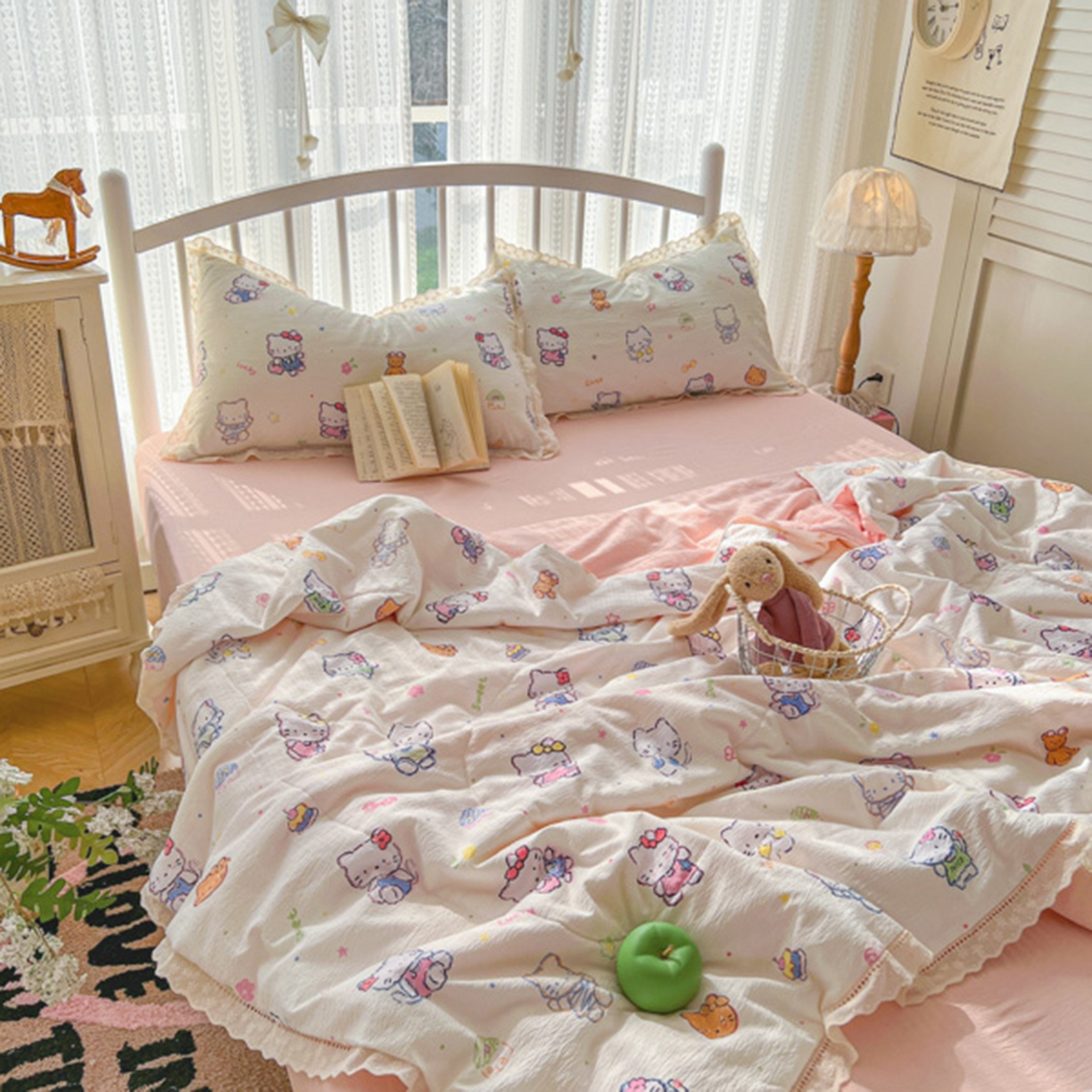 91家纺网 家纺一手货源 找家纺 港岛妹妹 2026新款镂空花边夏被 夏被四件套 泡芙小猫