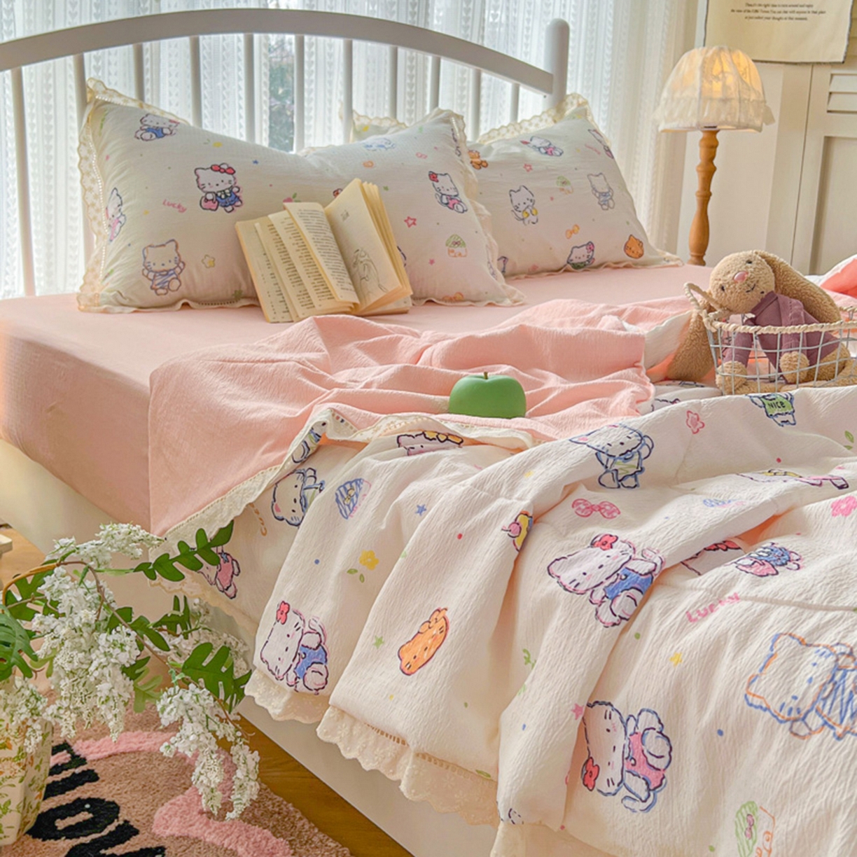 91家纺网 家纺一手货源 找家纺 港岛妹妹 2026新款镂空花边夏被 夏被四件套 泡芙小猫