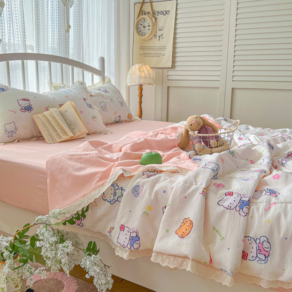 91家纺网 家纺一手货源 找家纺 港岛妹妹 2026新款镂空花边夏被 夏被四件套 泡芙小猫