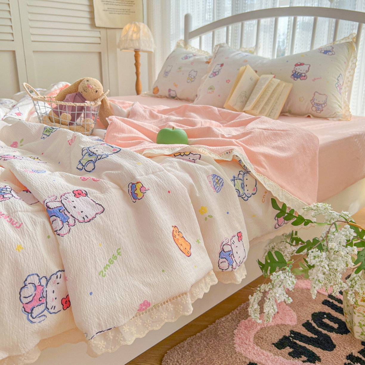 91家纺网 家纺一手货源 找家纺 港岛妹妹 2026新款镂空花边夏被 夏被四件套 泡芙小猫