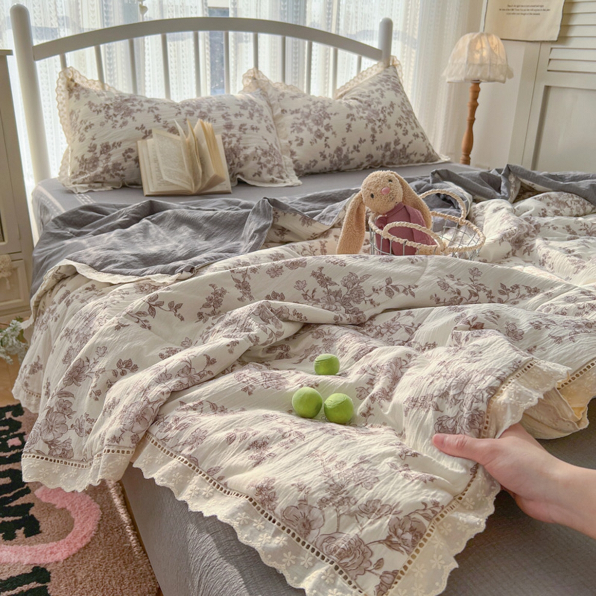 港岛妹妹 2026新款镂空花边夏被 夏被四件套 沁雪蔷薇