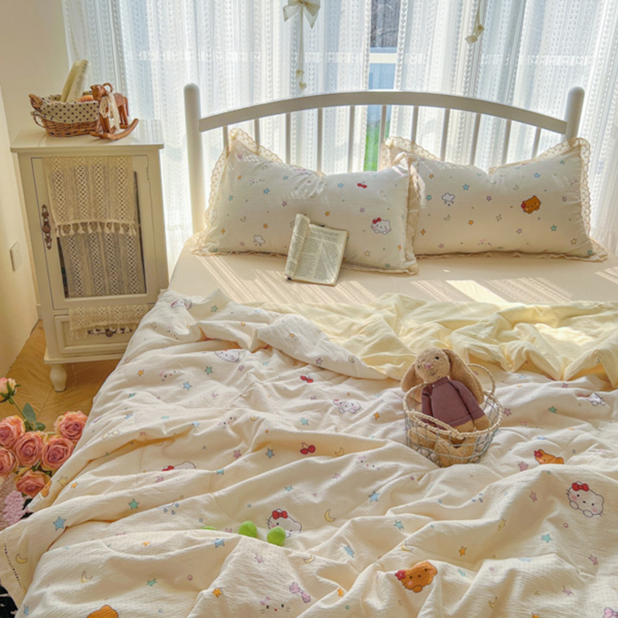 91家纺网 家纺一手货源 找家纺 港岛妹妹 2026新款镂空花边夏被 夏被四件套 星星kt