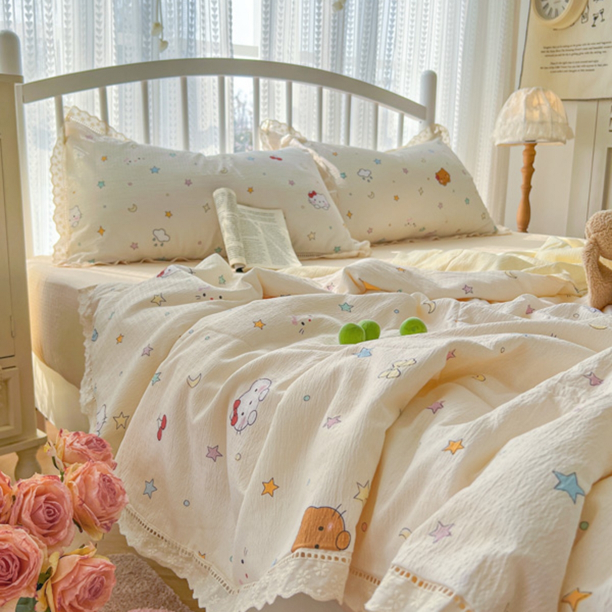 91家纺网 家纺一手货源 找家纺 港岛妹妹 2026新款镂空花边夏被 夏被四件套 星星kt