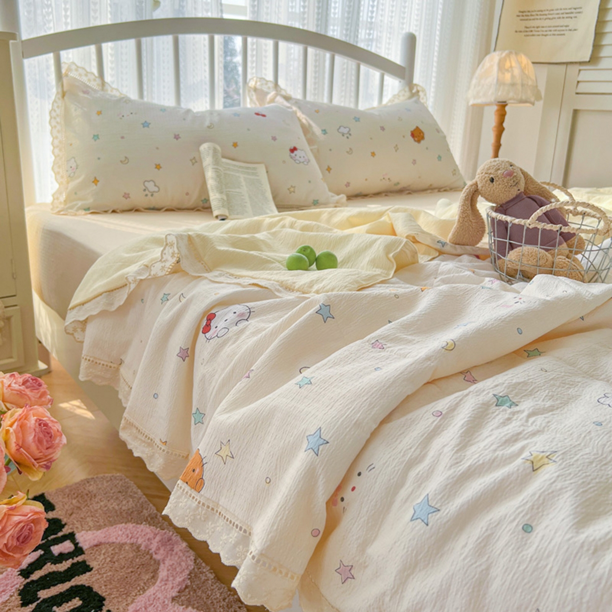 91家纺网 家纺一手货源 找家纺 港岛妹妹 2026新款镂空花边夏被 夏被四件套 星星kt