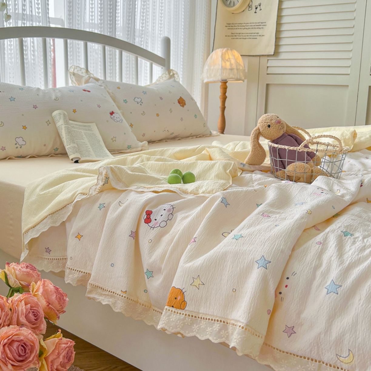 91家纺网 家纺一手货源 找家纺 港岛妹妹 2026新款镂空花边夏被 夏被四件套 星星kt