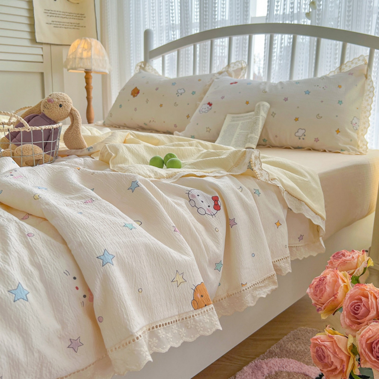 91家纺网 家纺一手货源 找家纺 港岛妹妹 2026新款镂空花边夏被 夏被四件套 星星kt