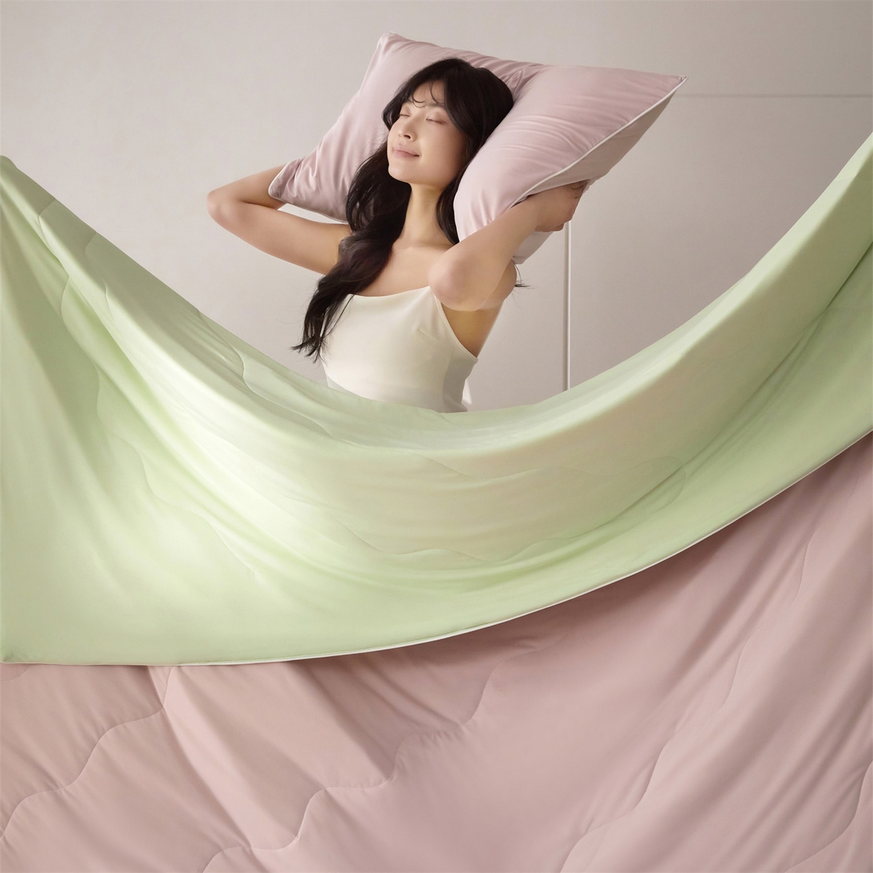 91家纺网 家纺一手货源 找家纺 2026头等舱 新款锦氨（165克）Pro5.0版凉感A类21莱赛尔大豆夏被配包装 粉绿