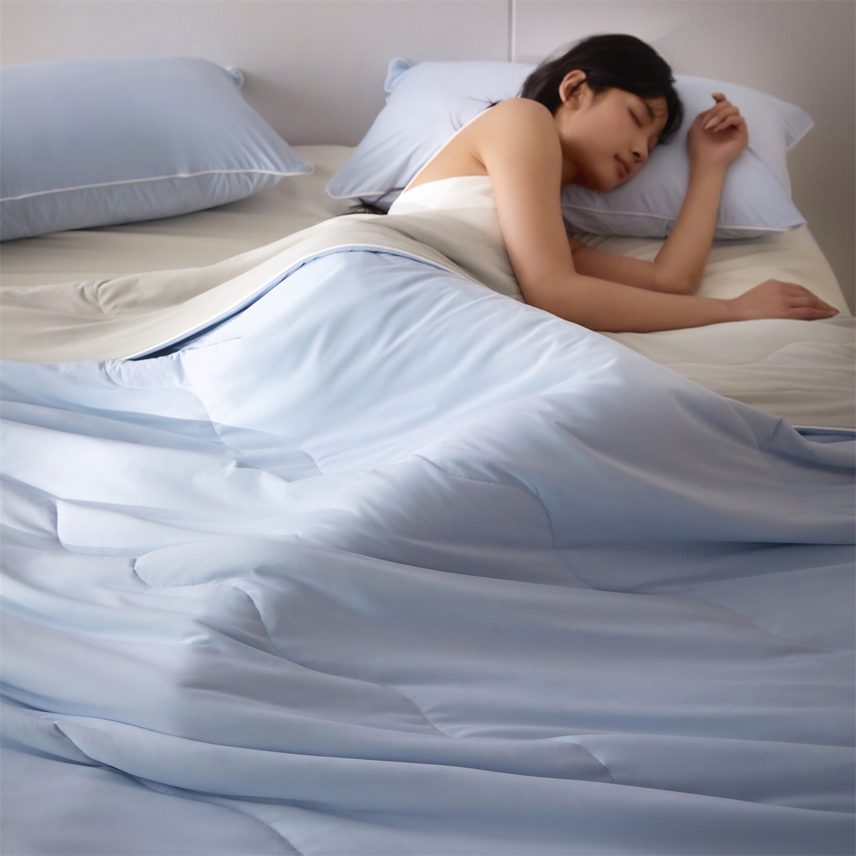 91家纺网 家纺一手货源 找家纺 2026头等舱 新款锦氨（165克）Pro5.0版凉感A类21莱赛尔大豆夏被配包装 蓝灰