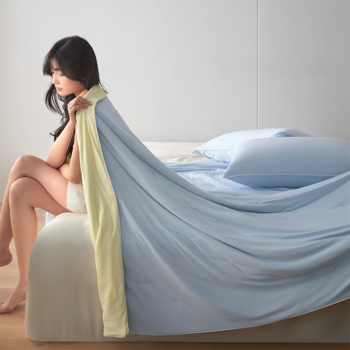 91家纺网 家纺一手货源 找家纺 2026头等舱 新款锦氨（165克）Pro5.0版凉感A类21莱赛尔大豆夏被配包装 蓝米