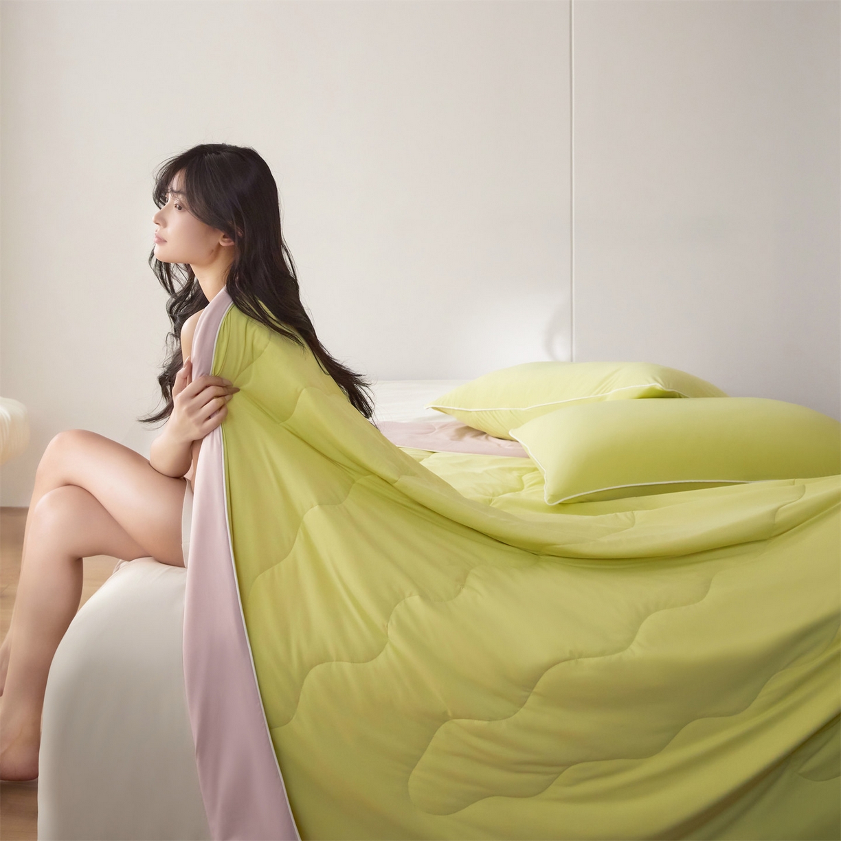 91家纺网 家纺一手货源 找家纺 2026头等舱 新款锦氨（165克）Pro5.0版凉感A类21莱赛尔大豆夏被配包装 明绿粉