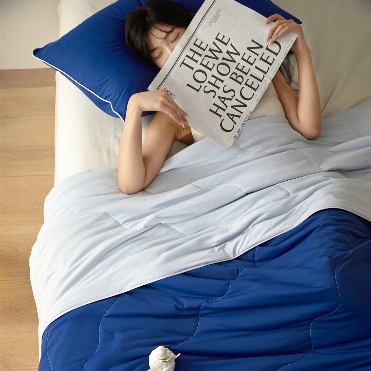 91家纺网 家纺一手货源 找家纺 2026头等舱 新款锦氨（165克）Pro5.0版凉感A类21莱赛尔大豆夏被配包装 深蓝浅蓝