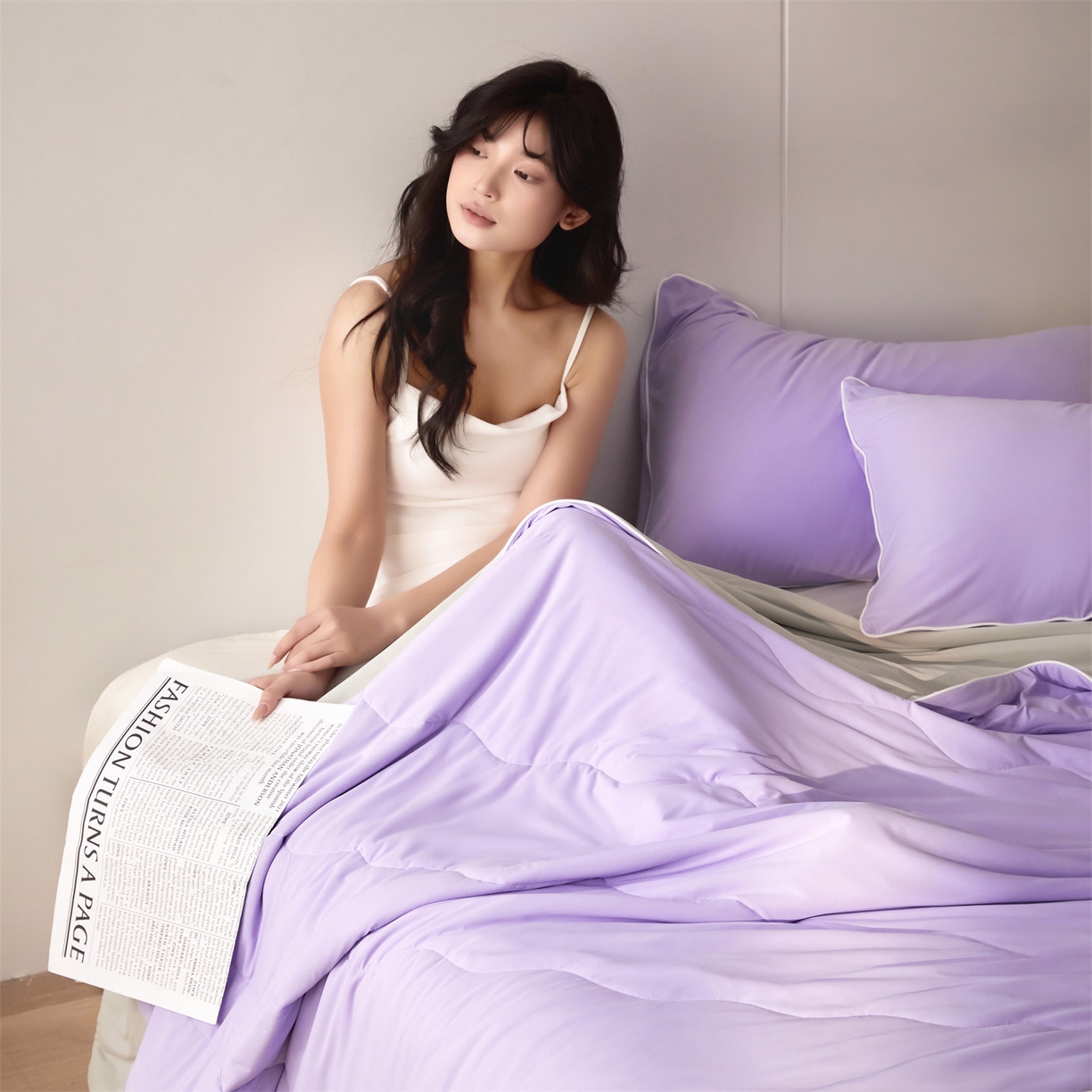 91家纺网 家纺一手货源 找家纺 2026头等舱 新款锦氨（165克）Pro5.0版凉感A类21莱赛尔大豆夏被配包装 紫灰