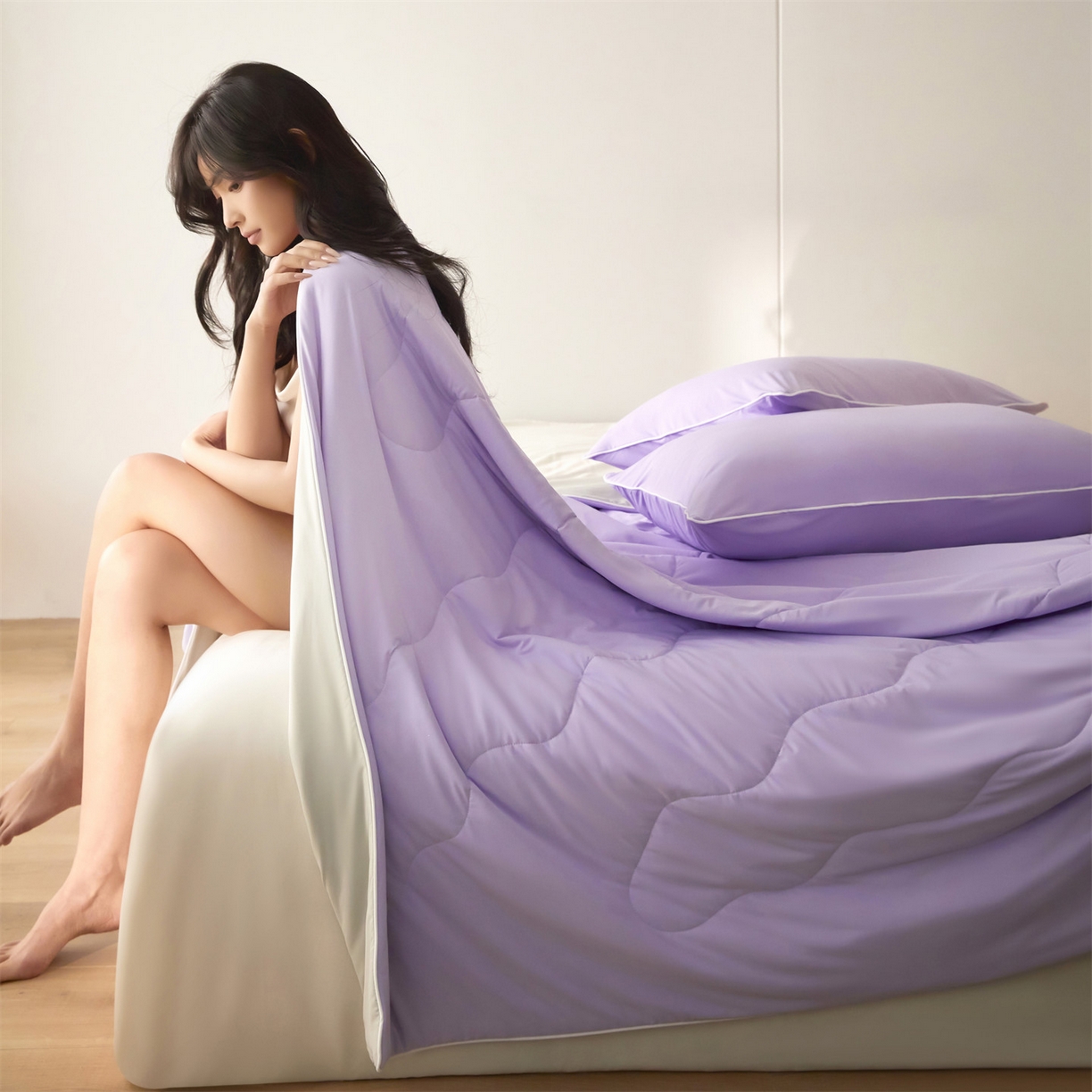 91家纺网 家纺一手货源 找家纺 2026头等舱 新款锦氨（165克）Pro5.0版凉感A类21莱赛尔大豆夏被配包装 紫灰