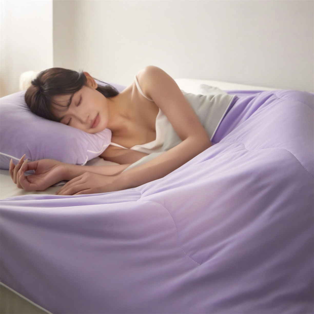 91家纺网 家纺一手货源 找家纺 2026头等舱 新款锦氨（165克）Pro5.0版凉感A类21莱赛尔大豆夏被配包装 紫灰