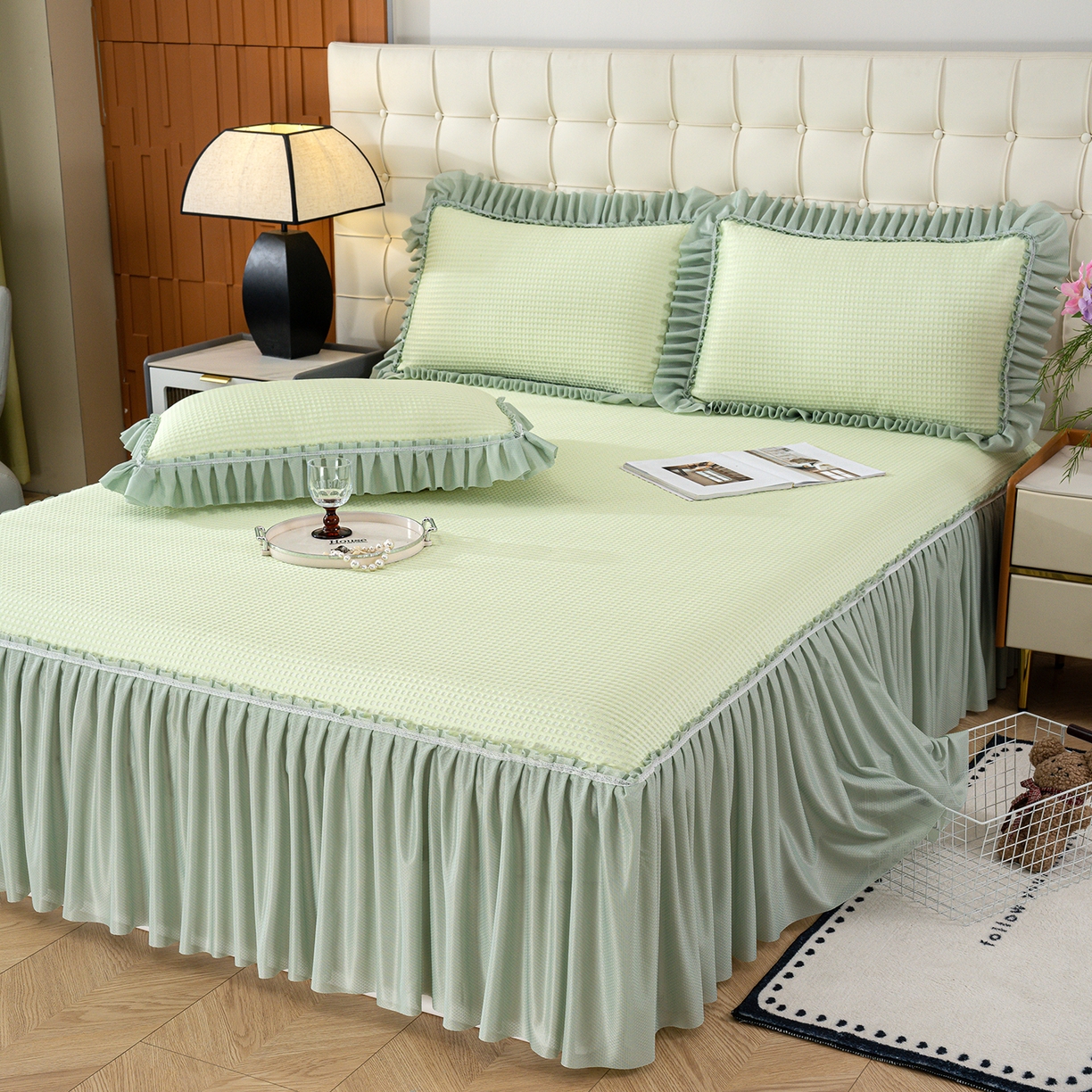 91家纺网 家纺一手货源 找家纺 2026新款床裙款3D华夫格豆豆凉席三件套千鸟阁凉豆豆冰爽夏凉席子三件套 果绿