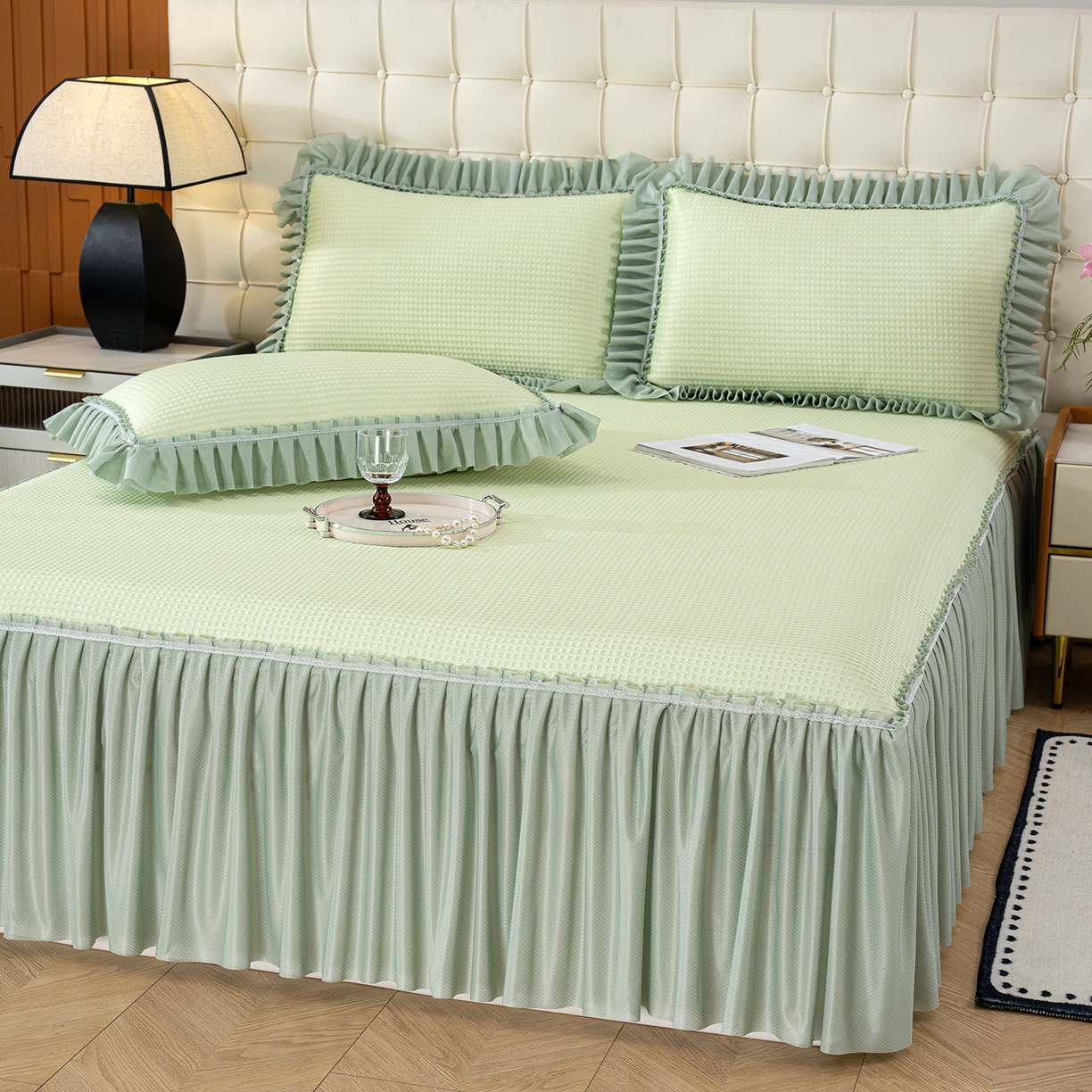 91家纺网 家纺一手货源 找家纺 2026新款床裙款3D华夫格豆豆凉席三件套千鸟阁凉豆豆冰爽夏凉席子三件套 果绿