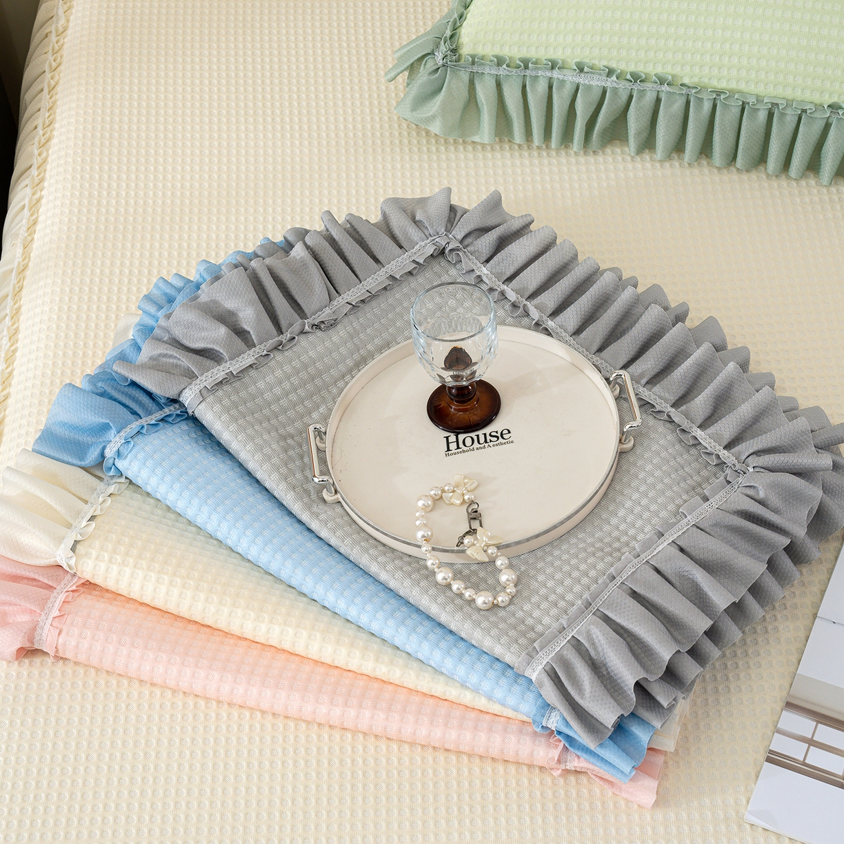 91家纺网 家纺一手货源 找家纺 2026新款床裙款3D华夫格豆豆凉席三件套千鸟阁凉豆豆冰爽夏凉席子三件套 天蓝