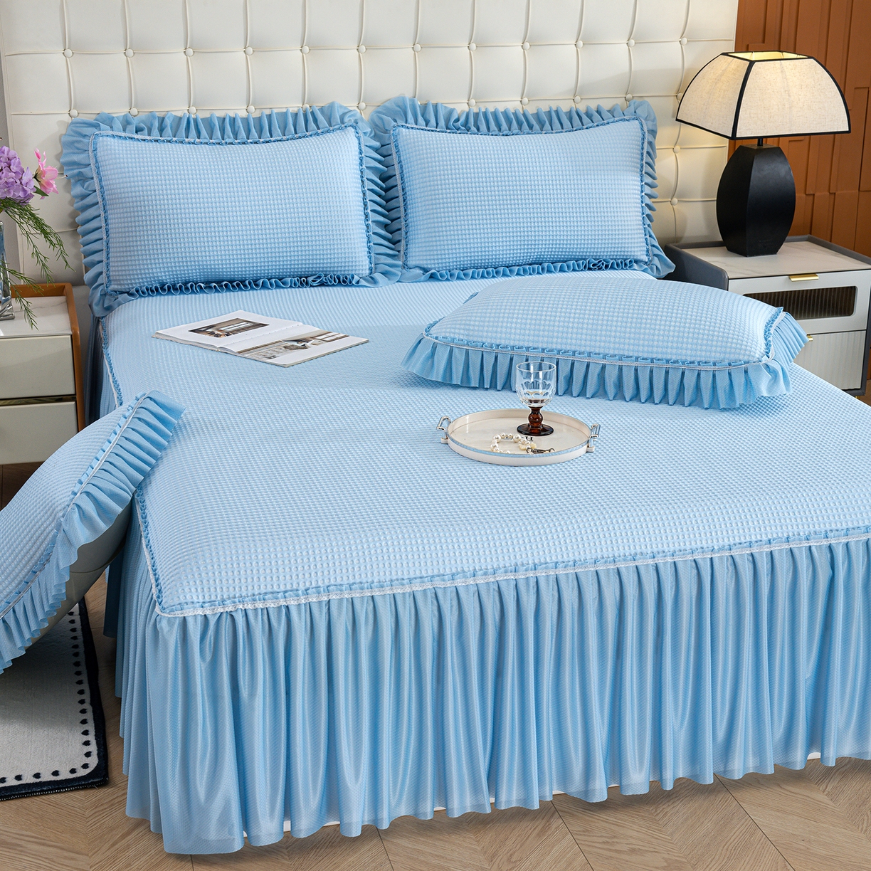 91家纺网 家纺一手货源 找家纺 2026新款床裙款3D华夫格豆豆凉席三件套千鸟阁凉豆豆冰爽夏凉席子三件套 天蓝