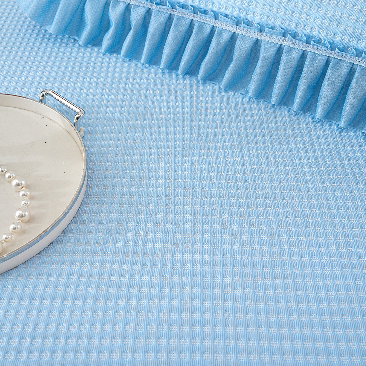 91家纺网 家纺一手货源 找家纺 2026新款床裙款3D华夫格豆豆凉席三件套千鸟阁凉豆豆冰爽夏凉席子三件套 天蓝