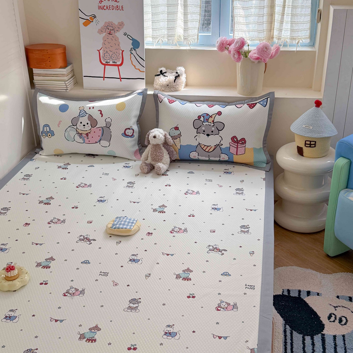 91家纺网 家纺一手货源 找家纺 Sweet dreams甜梦 2026新款数码印花大板凉感豆豆席 狗狗的游乐园