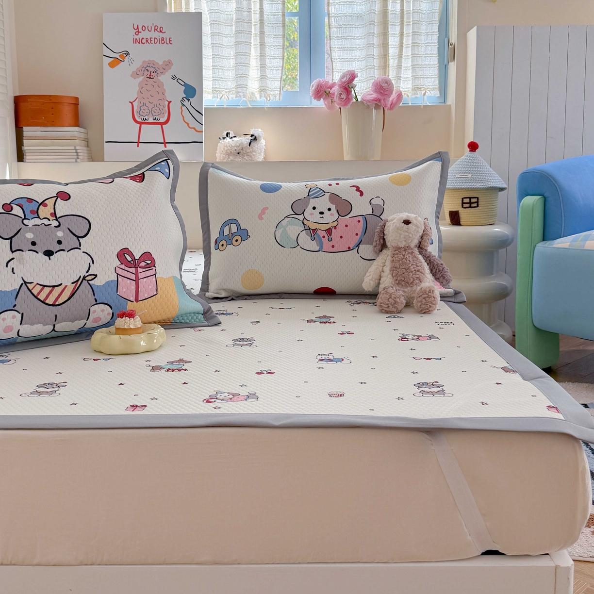 91家纺网 家纺一手货源 找家纺 Sweet dreams甜梦 2026新款数码印花大板凉感豆豆席 狗狗的游乐园