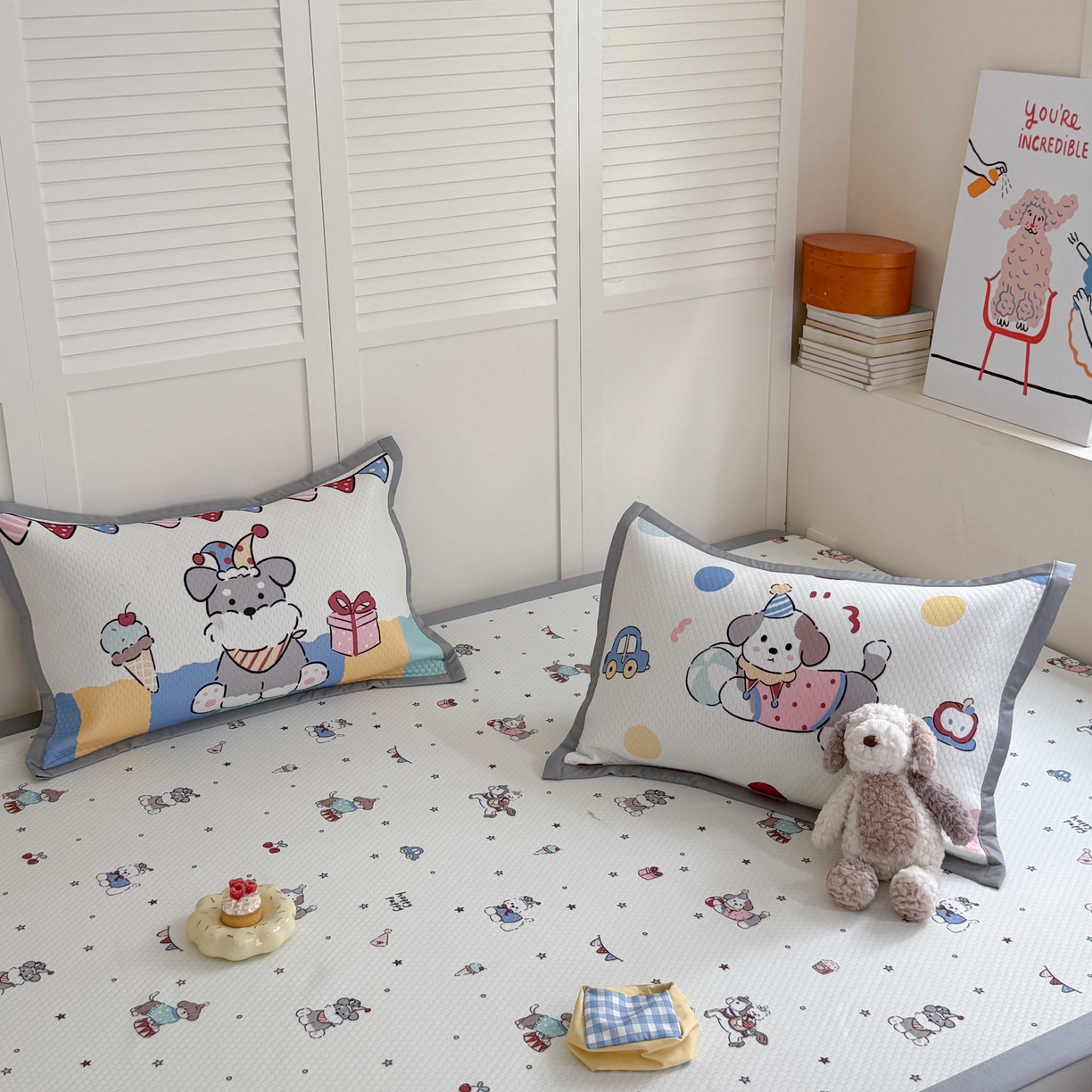 91家纺网 家纺一手货源 找家纺 Sweet dreams甜梦 2026新款数码印花大板凉感豆豆席 狗狗的游乐园