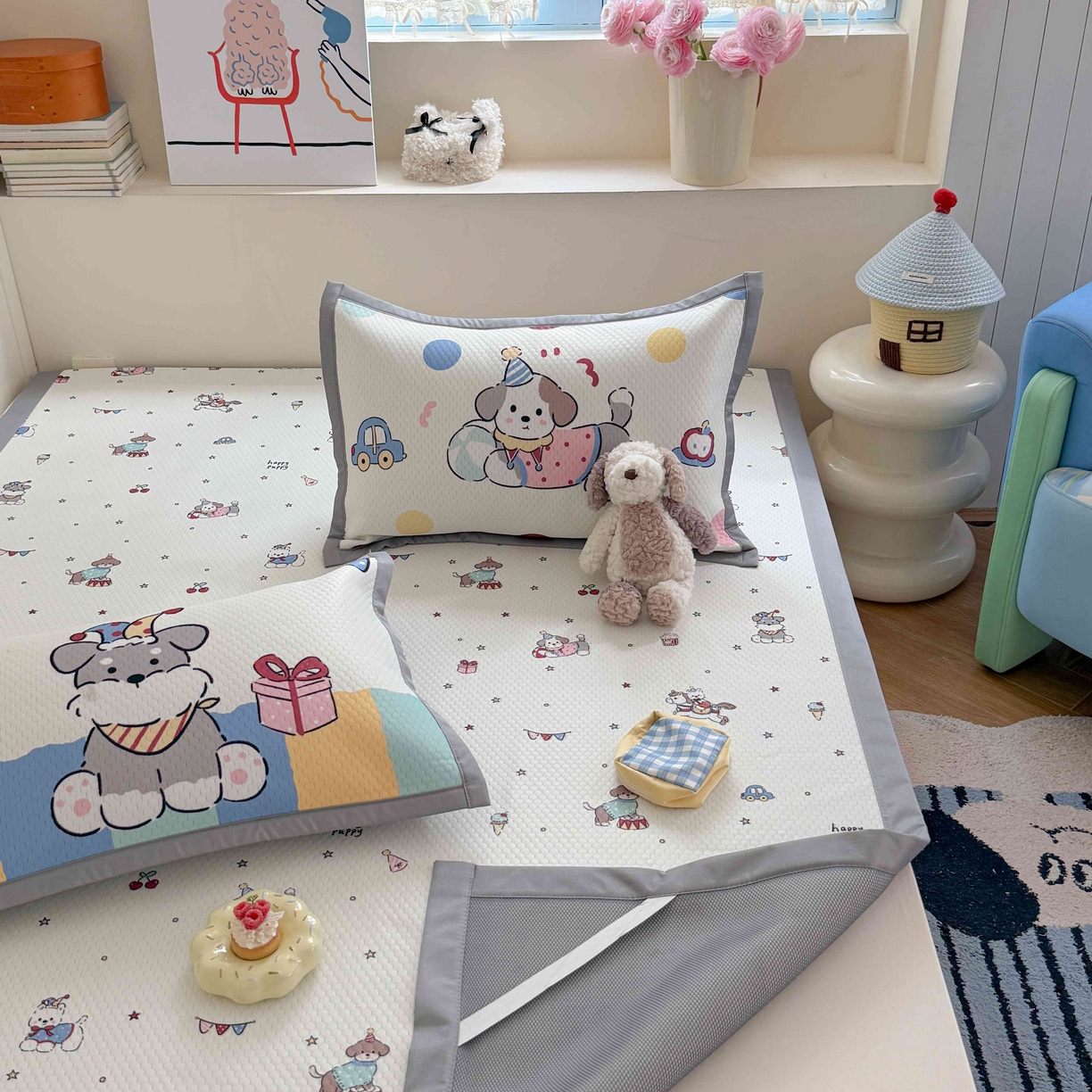 91家纺网 家纺一手货源 找家纺 Sweet dreams甜梦 2026新款数码印花大板凉感豆豆席 狗狗的游乐园