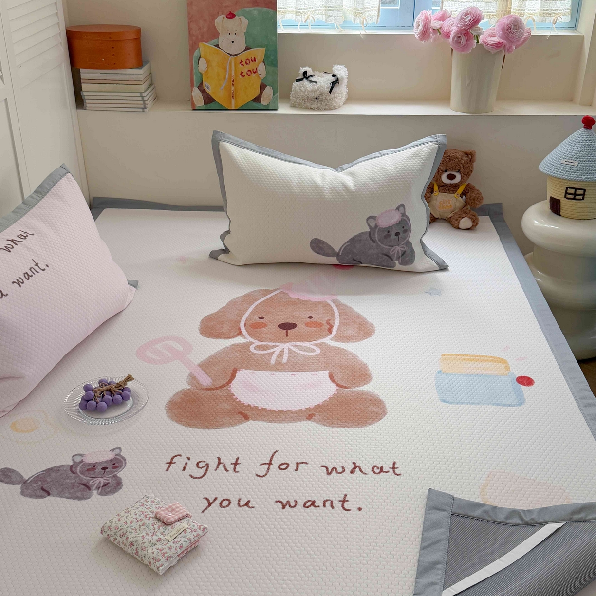 91家纺网 家纺一手货源 找家纺 Sweet dreams甜梦 2026新款数码印花大板凉感豆豆席 狗狗的早餐