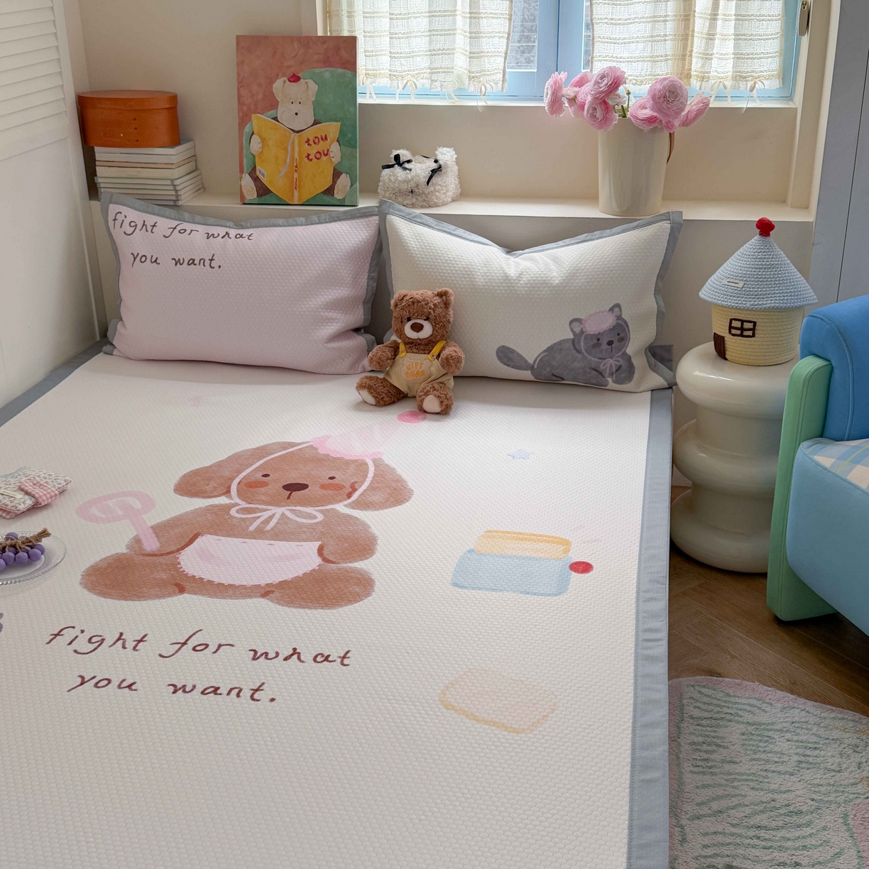 91家纺网 家纺一手货源 找家纺 Sweet dreams甜梦 2026新款数码印花大板凉感豆豆席 狗狗的早餐