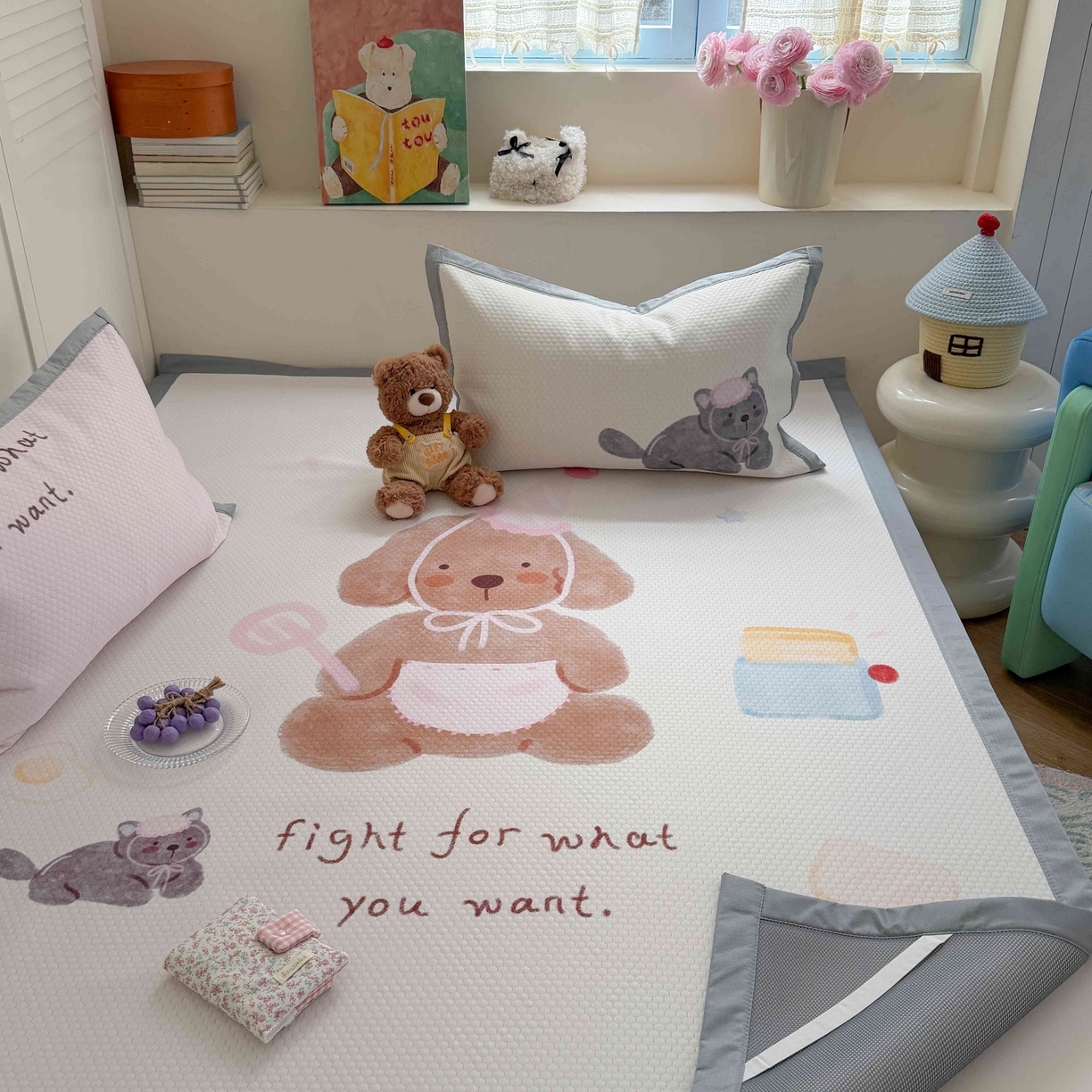 91家纺网 家纺一手货源 找家纺 Sweet dreams甜梦 2026新款数码印花大板凉感豆豆席 狗狗的早餐