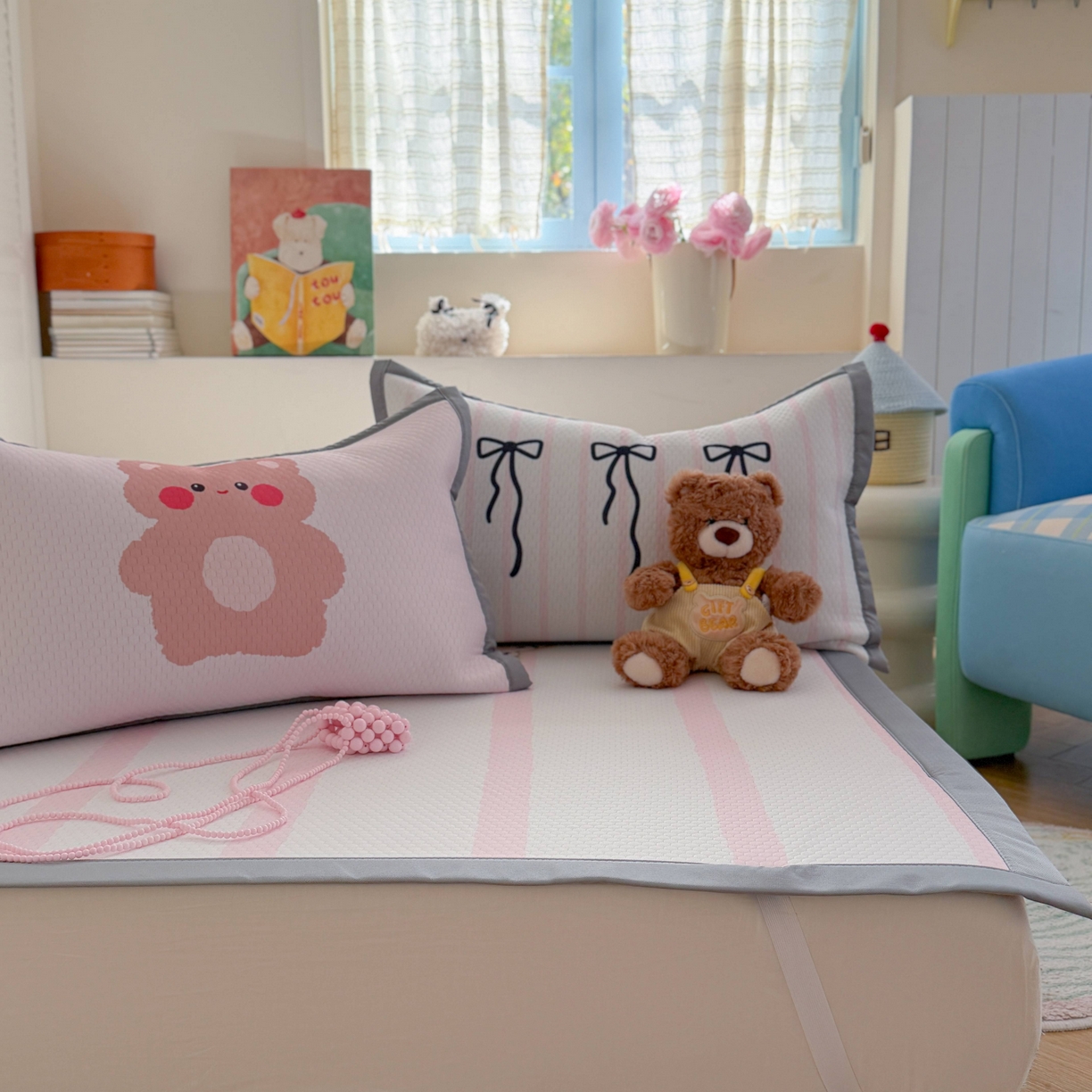 91家纺网 家纺一手货源 找家纺 Sweet dreams甜梦 2026新款数码印花大板凉感豆豆席 蝴蝶结小熊