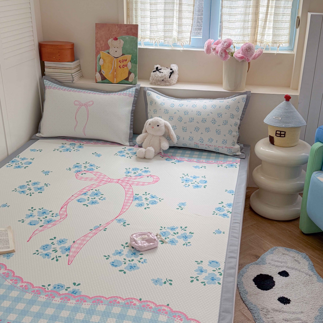 91家纺网 家纺一手货源 找家纺 Sweet dreams甜梦 2026新款数码印花大板凉感豆豆席 花花蝴蝶结