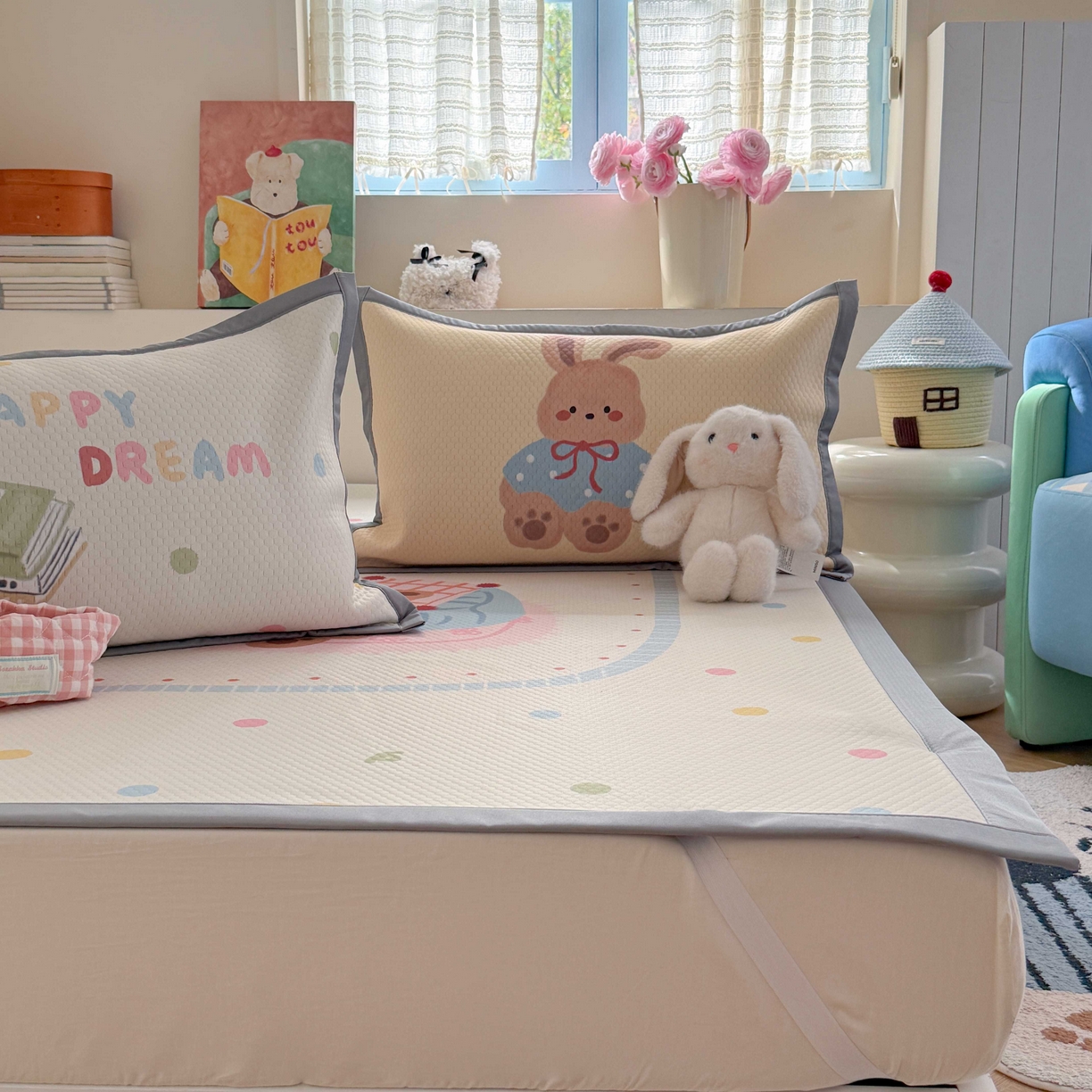 91家纺网 家纺一手货源 找家纺 Sweet dreams甜梦 2026新款数码印花大板凉感豆豆席 美梦兔兔