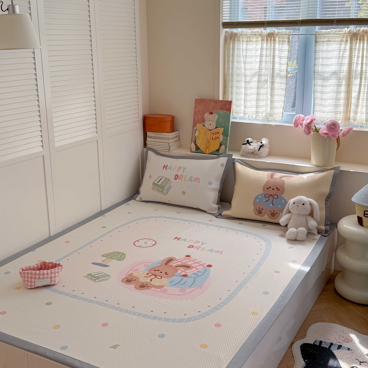 91家纺网 家纺一手货源 找家纺 Sweet dreams甜梦 2026新款数码印花大板凉感豆豆席 美梦兔兔