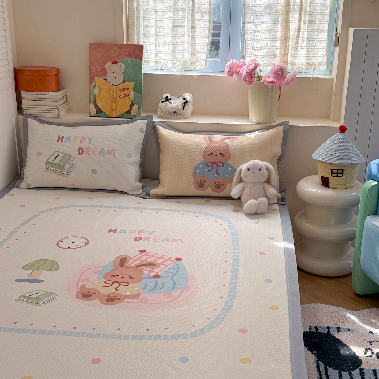 91家纺网 家纺一手货源 找家纺 Sweet dreams甜梦 2026新款数码印花大板凉感豆豆席 美梦兔兔