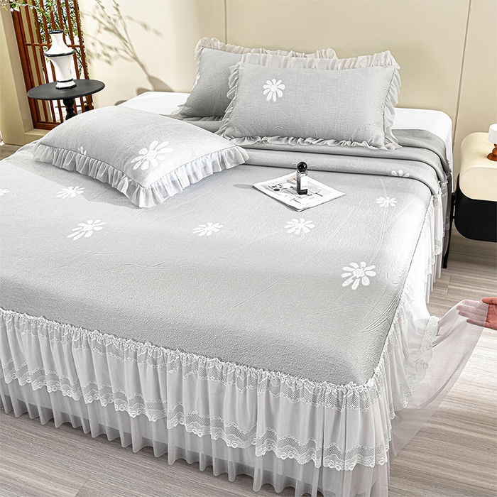 91家纺网 家纺一手货源 找家纺 席匠 2026新款凉感冰豆豆床裙款凉席席子凉席-美人纱 漫花-灰