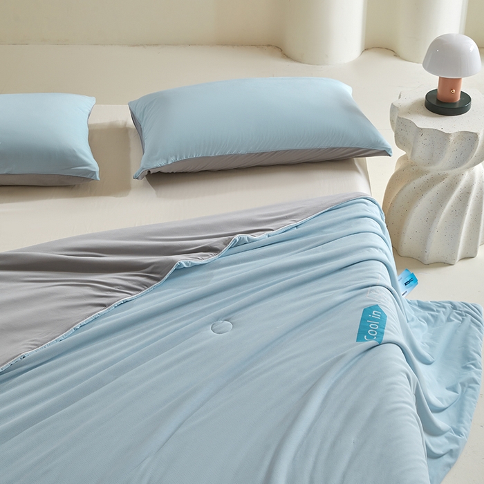 91家纺网 家纺一手货源 找家纺 桃子家居 2026新款A类高品质冰冰凉雪花冰感凉皮双面加倍透气孔氨纶凉感夏被 冰感凉皮-天蓝灰（加倍透气）